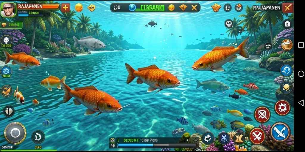 Screenshot RAJAPANEN menampilkan gameplay seru saat menembak ikan.