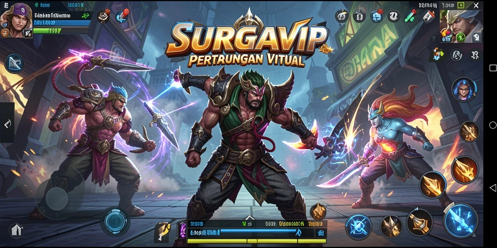 Tangkapan layar SURGAVIP menampilkan aksi pertarungan seru dengan karakter yang kuat.