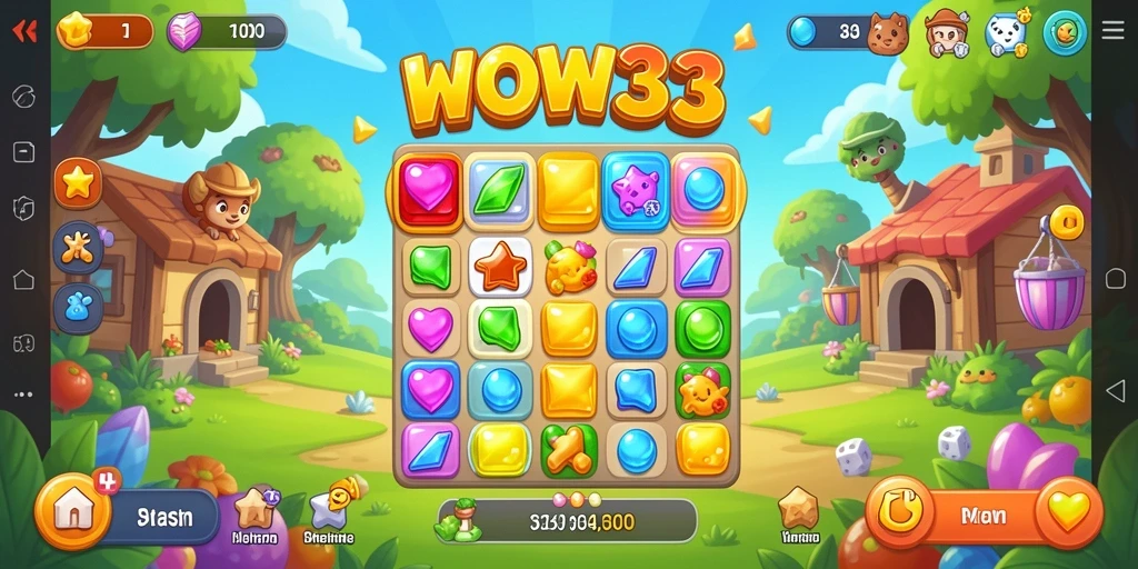 Screenshot WOW33 menunjukkan gameplay seru dan penuh warna Match-3.
